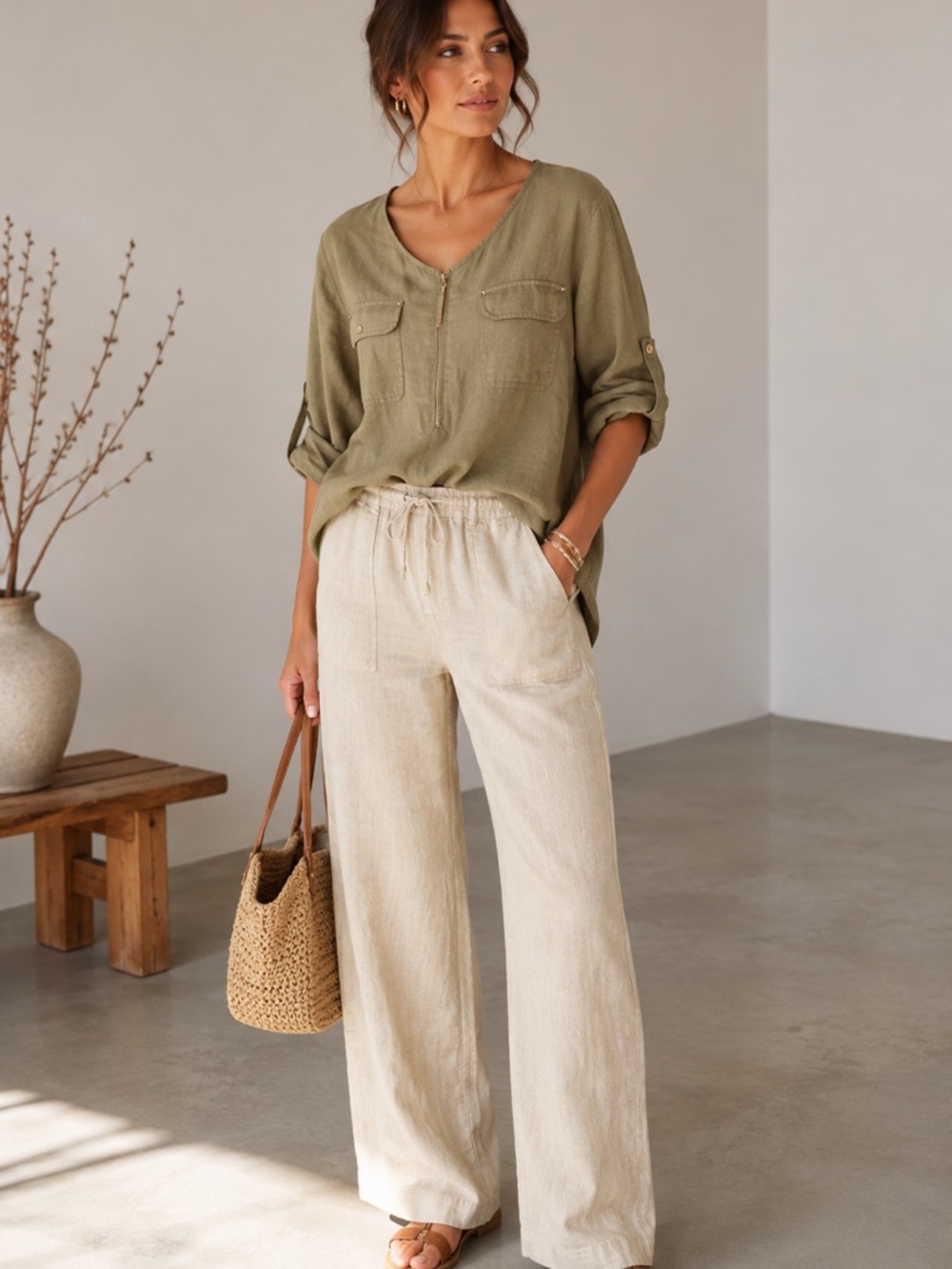 NEW Ellen Tracy 100% linen roll tab top blouse Size L khaki tan‎ safari neutral